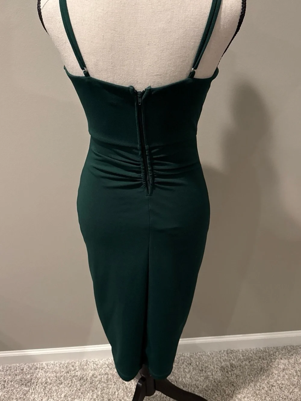 Honey and Rosie Emerald Green Spaghetti Strap Ruched Midi Dress